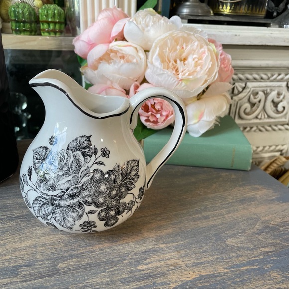 Toile white & black floral ceramic creamer pitcher French country cottage - Picture 2 of 7